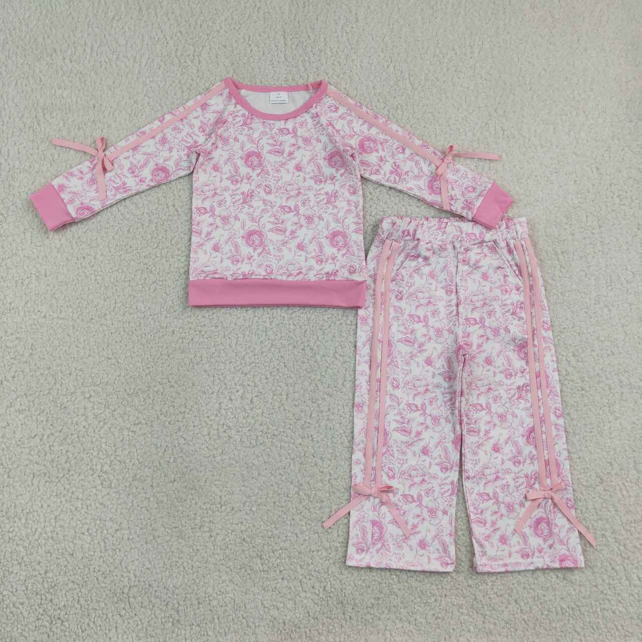 GLP3366 Pink Flowers Print Raglan Sleeve Top Straight Pants Girls Clothes Set