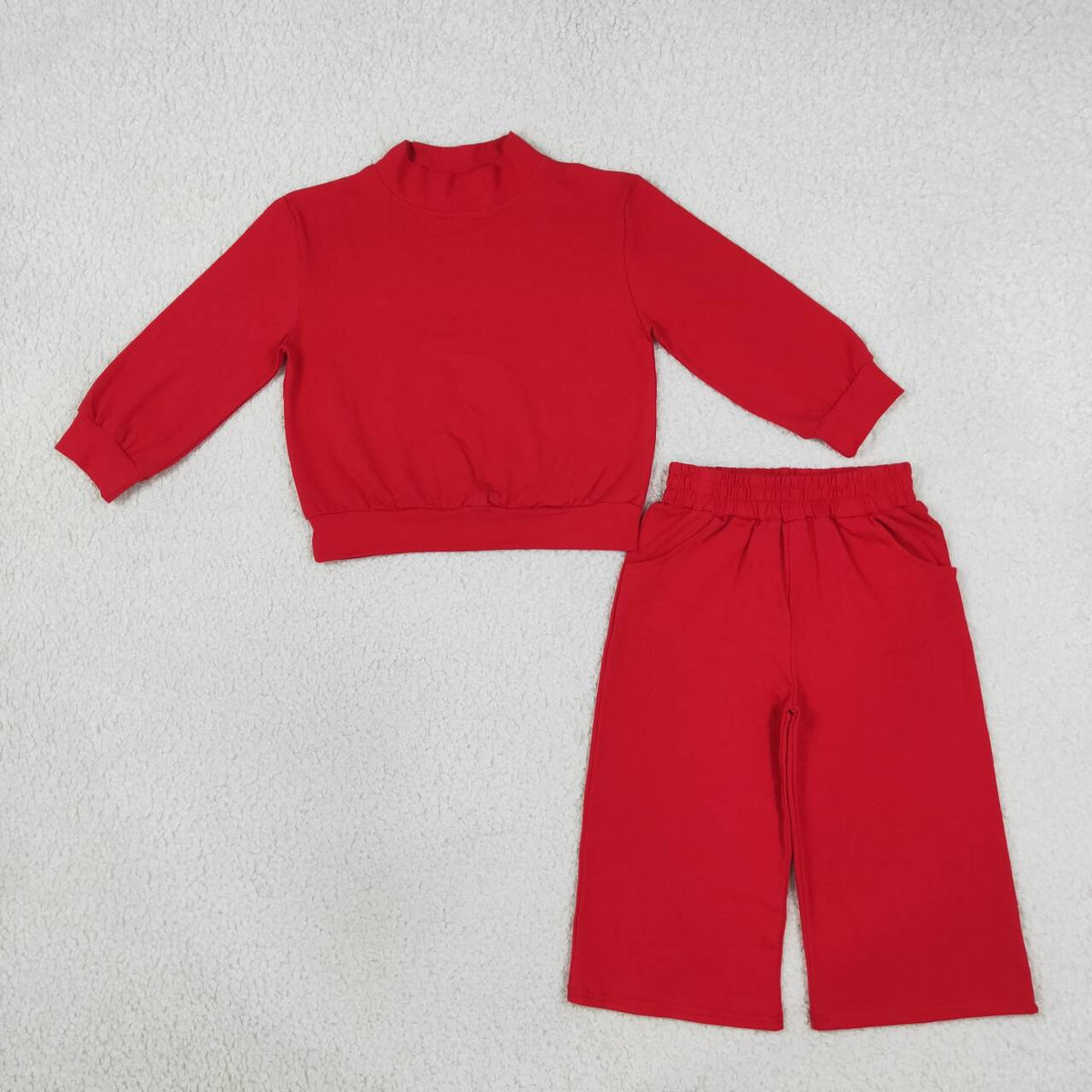 GLP3412 Red Color Long Sleeve Mock Neck Top Pocket Pants Girls Cotton Clothes Set