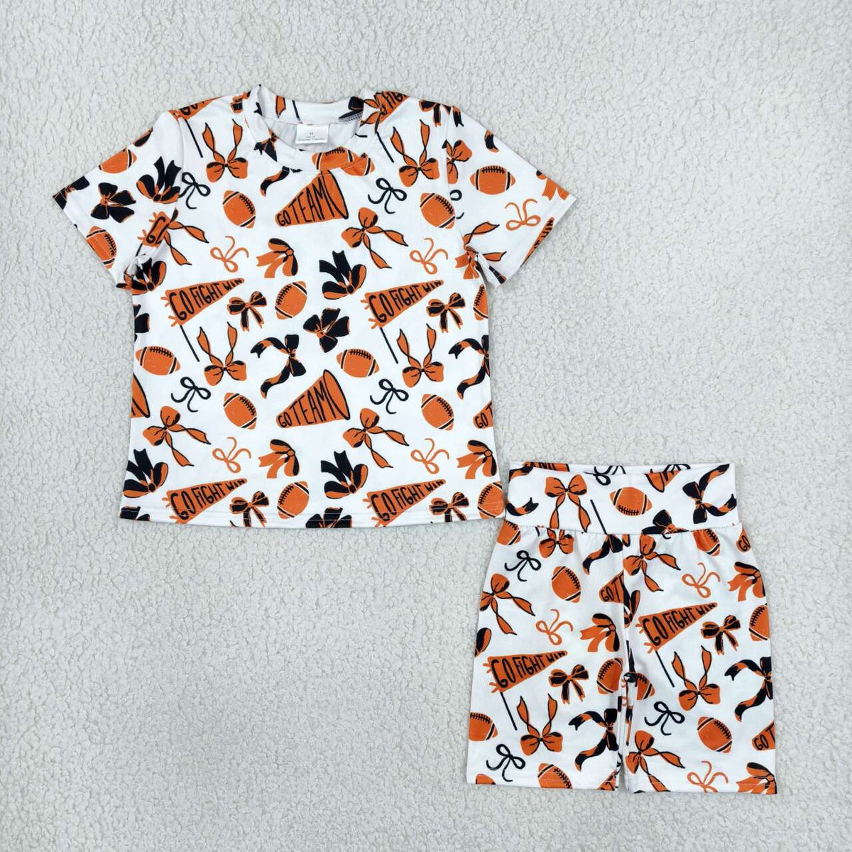 GSSO2724 Football Teams Bows Cheer Orange Print Girls Summer Clothes Set