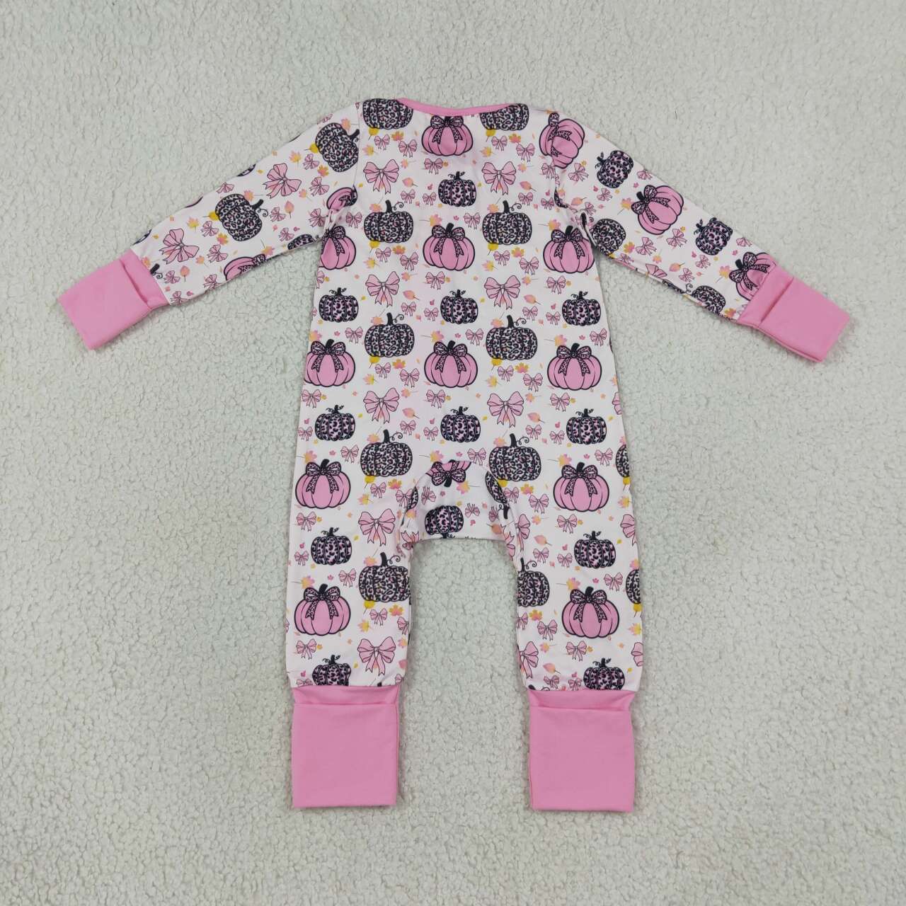 LR3061 Pumpkin Bows Leopard Pink Baby Girls Fall Ruffle Zipper Sleeper Romper