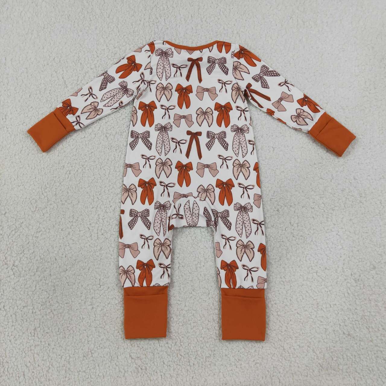 LR3158 Brown Bows Print Baby Girls Long Sleeve Zipper Sleeper Romper
