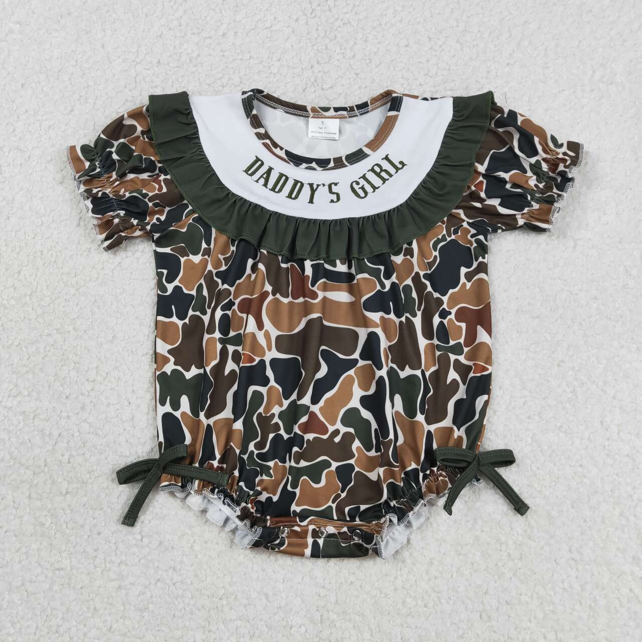 Embroidery  Daddy's Girl Green Camo Short Sleeve Bubble Romper With Bow