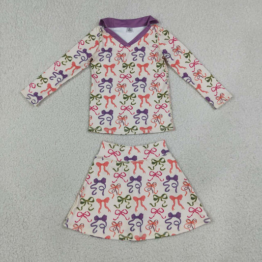 GLD1632 Colorful Bows Long Sleeve Top Skort Girls Yoga Clothes Set