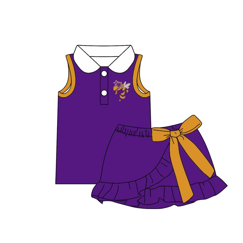(Custom Design Preorder MOQ 5) Teams Holland Hornets Top Yellow Bows Skort Girls Summer Yoga Clothes Set