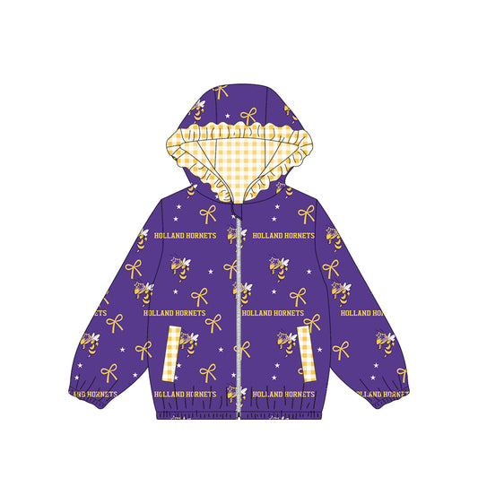 (Custom Design Preorder MOQ 5) Teams Holland Hornets Bows Stars Print Girls Pockets Zipper Ruffle Hoodie Yoga Jacket Top