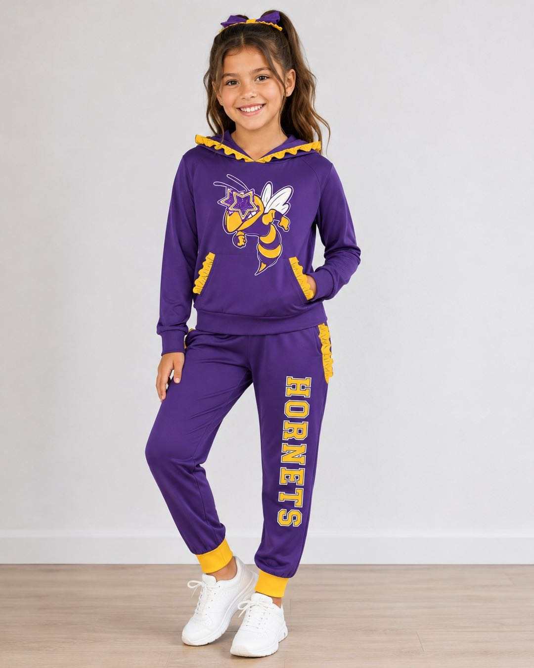 (Custom Design Preorder MOQ 5) Teams Holland Hornets Purple Yellow Ruffles Hoodie Top Pockets Joggers Pants Girls Clothes Set
