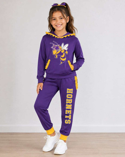 (Custom Design Preorder MOQ 5) Teams Holland Hornets Purple Yellow Ruffles Hoodie Top Pockets Joggers Pants Girls Yoga Clothes Set