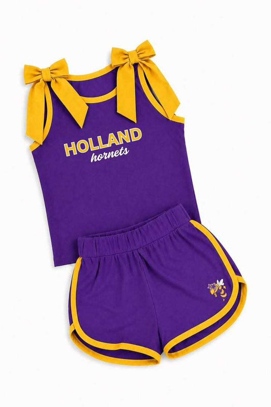 (Custom Design Preorder MOQ 5) Teams Holland Hornets Yellow Bows Vest Top Shorts Mommy and Me Summer Yoga Clothes Set