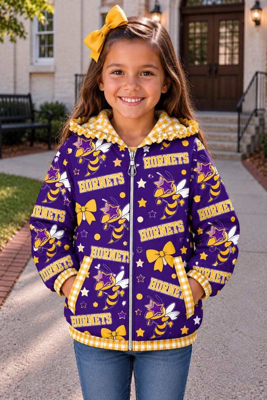 (Custom Design Preorder MOQ 5) Teams Holland Hornets Checkered Bows Stars Print Girls Pockets Zipper Ruffle Hoodie Yoga Jacket Top