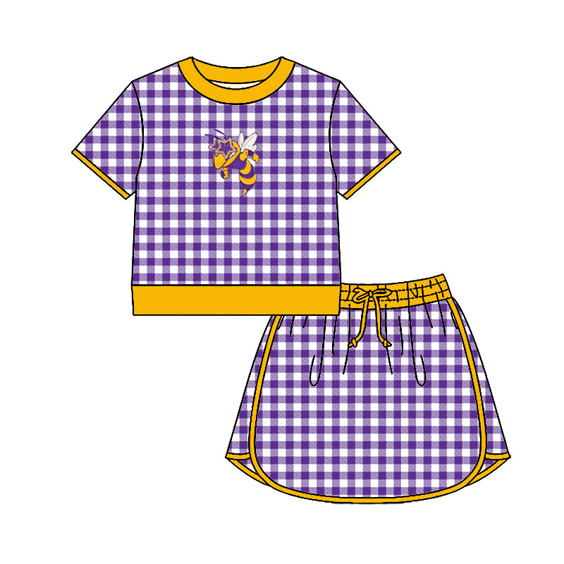 (Custom Design Preorder MOQ 5) Teams Holland hornets Top Purple Checkerd Skort Girls Summer Yoga Clothes Set