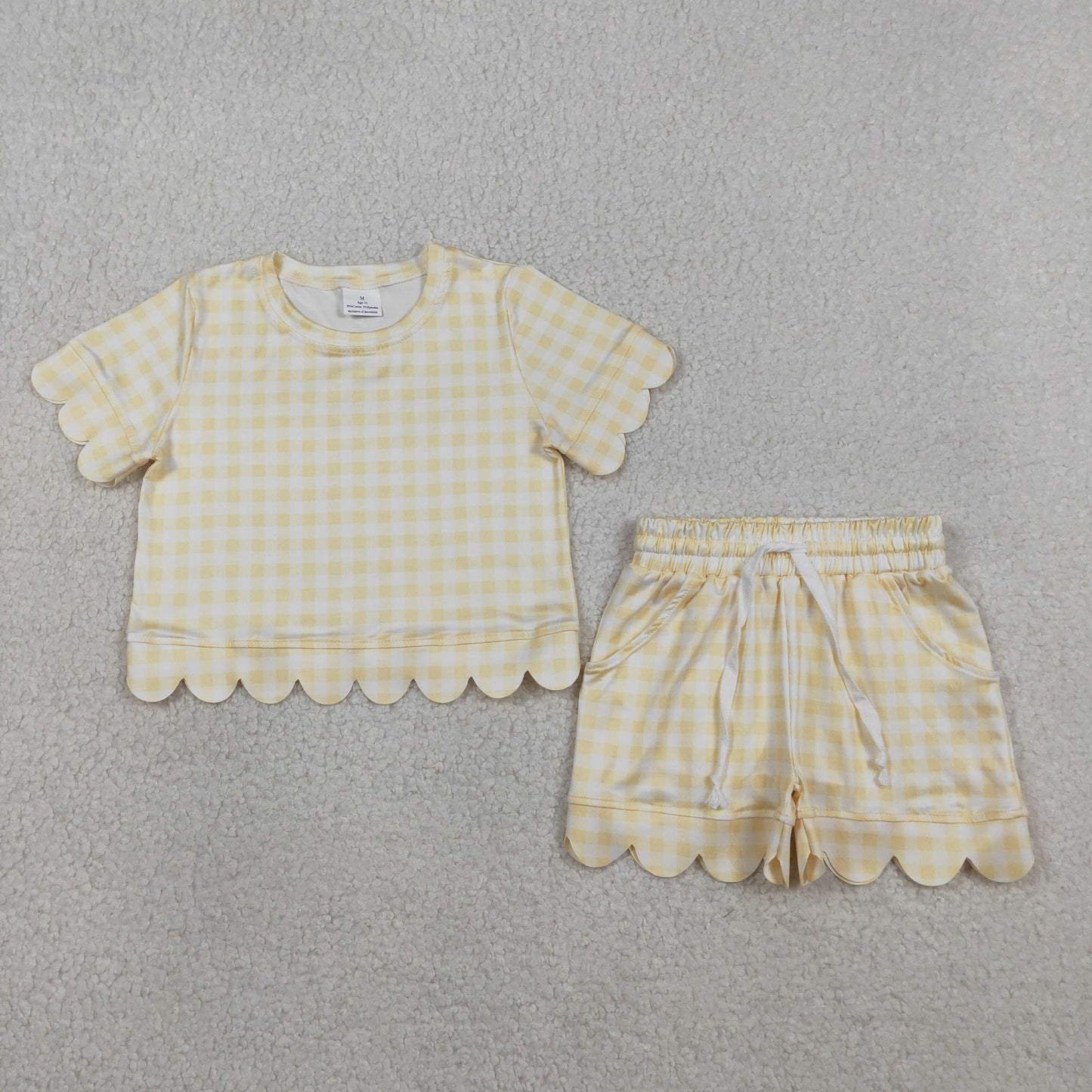 Light Yellow Check Scalloped Short Sleeve & Shorts Set - Girls