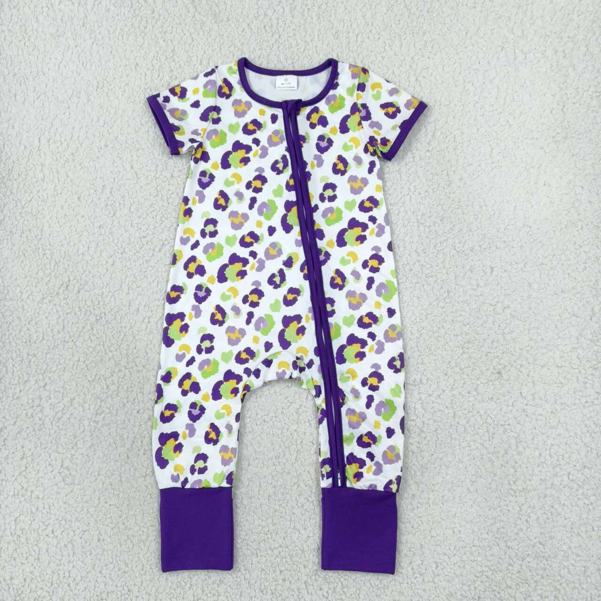 SR4312 Purple Leopard Print Baby Girls Mardi Gras Zipper Sleeper Romper