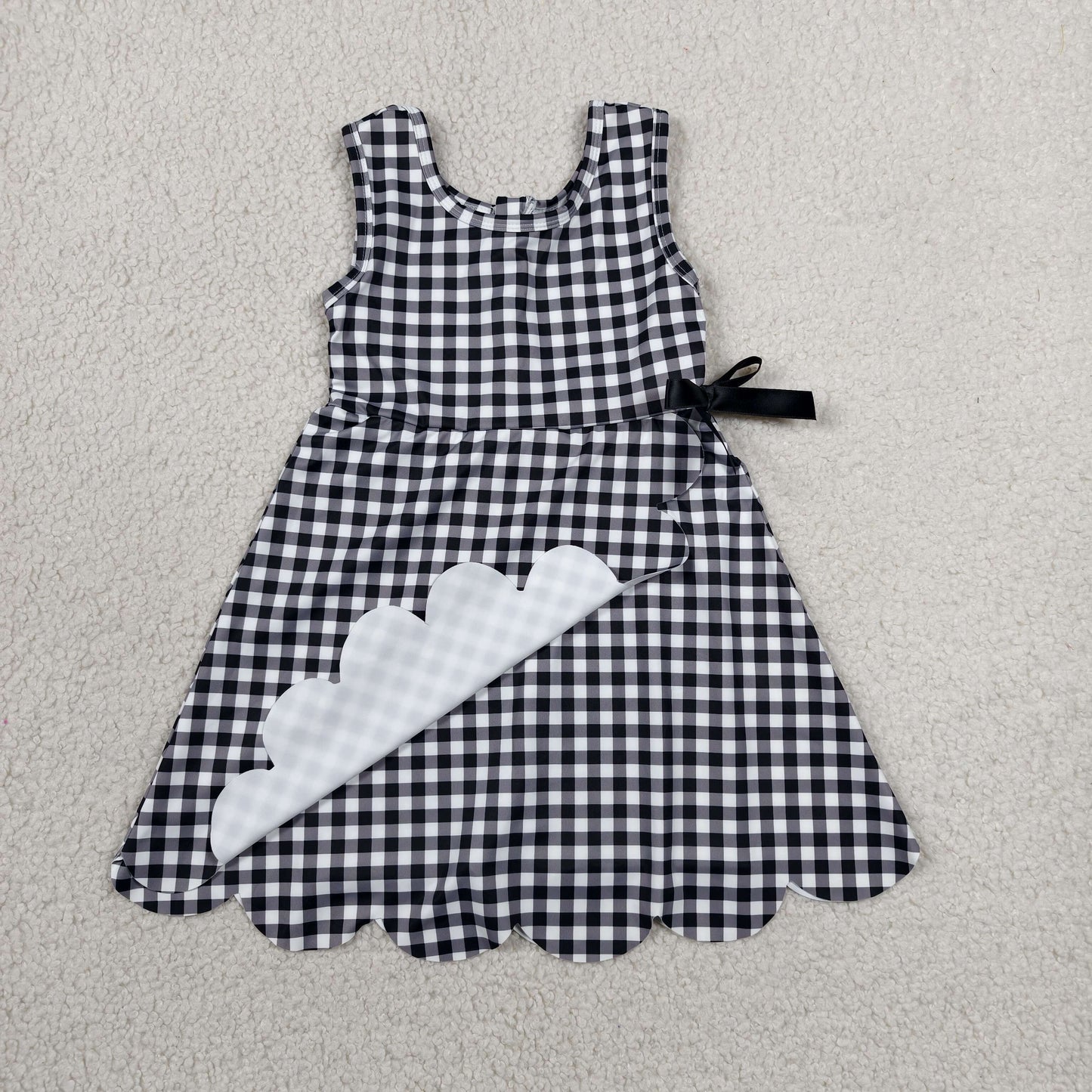 GSD3777 Black Plaid Print Girls Bows Scallop Yoga Active Zipper Dress