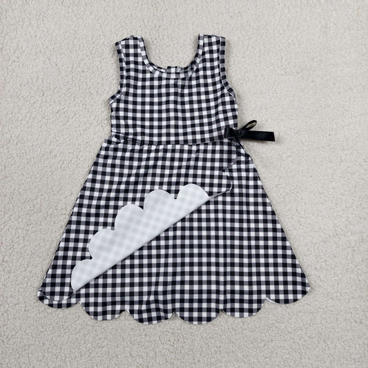 GSD3777 Black Plaid Print Girls Bows Scallop Yoga Active Zipper Dress