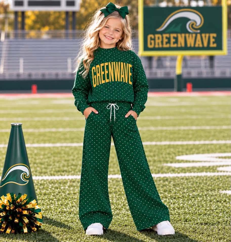 Preorder( 5  MOQ) Baby Girls Sport Team Greenwave Green Polka Dot Outfit