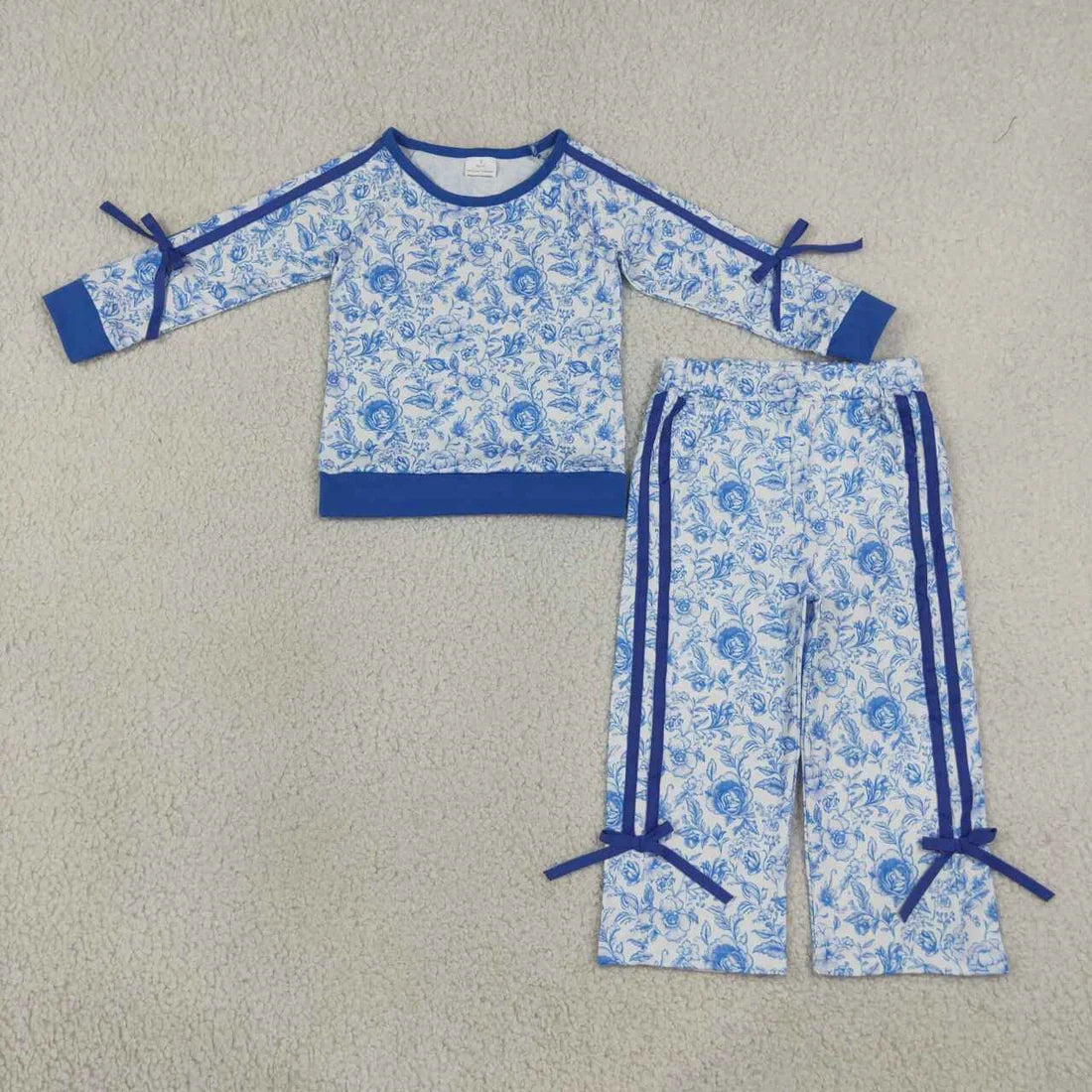 Flowers Print Top Straight Pants Girls Bows Clothes Set Sisters Wear