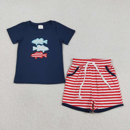 Baby Boys Embroidery Fish Top Red Striped Shorts Outfit