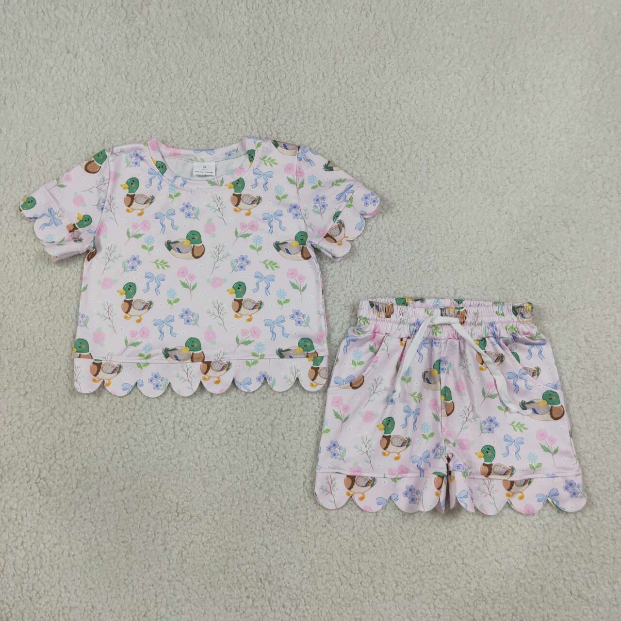 GSSO3737 Cute Mallard Duck Floral Scallop Edge Shorts Girls Summer Clothes Set
