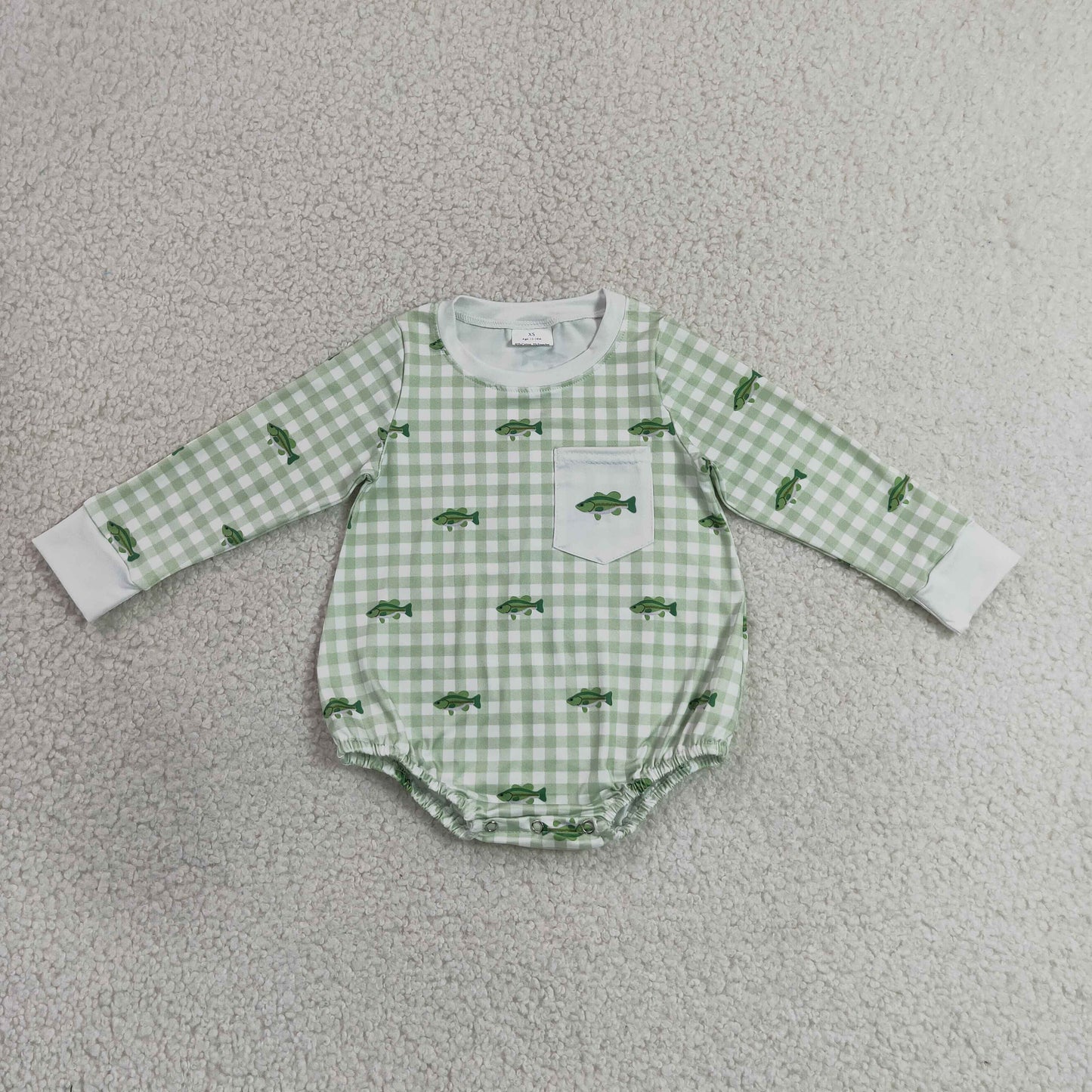 Baby Boys Fish Print Green Gingham Long Sleeve Bubble Romper