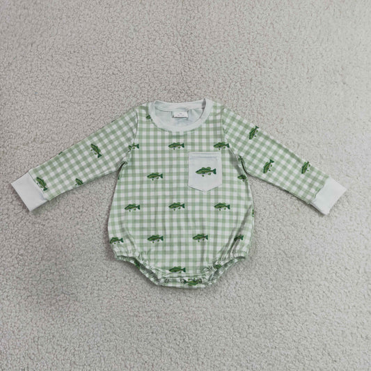 LR3001 Baby Boys Fish Print Green Gingham Long Sleeve Bubble Romper