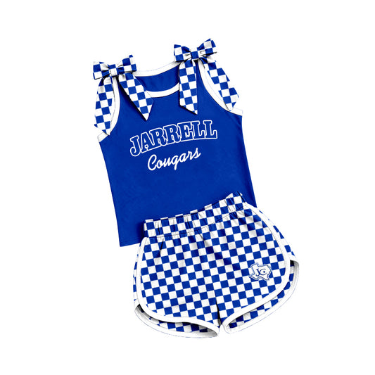 (Custom Design Preorder MOQ 5) Teams Jarrell cougars Bows Vest Top Checkerd Shorts Mommy and Me Summer Yoga Clothes Set