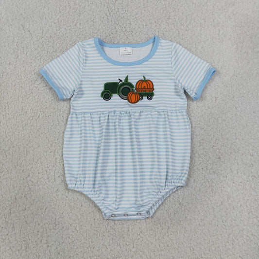 SR4286 Pumpkin Tractor Embroidery Blue Stripes Baby Boys Bubble Romper