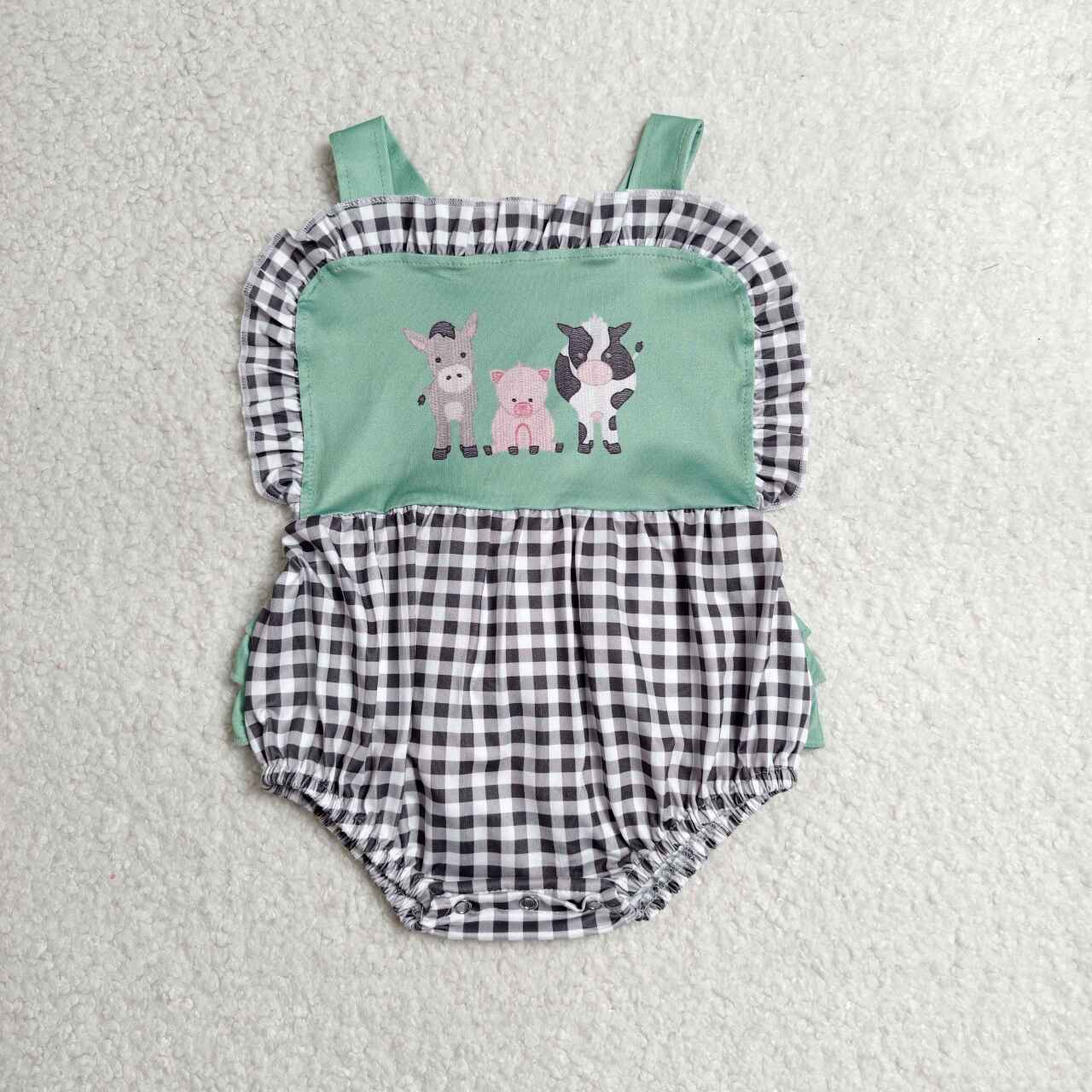 SR3866 Farm Animals Plaid Print Baby Girls Backless Strap Romper