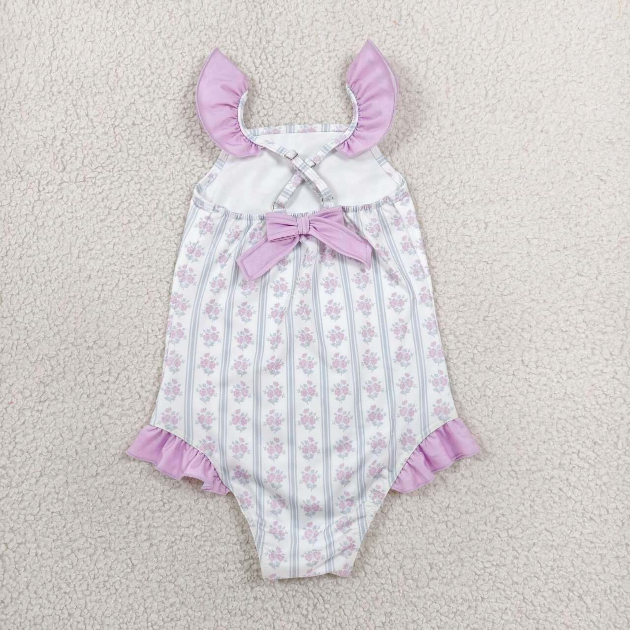 S0643 Purple Floral Stripes Print Baby Girls 1 Piece Swimsuit With Ruffle