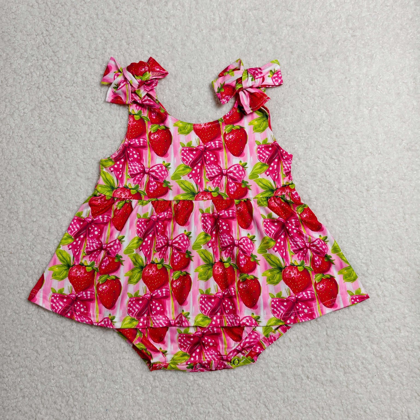 SR4134 Strawberry Bows Print Baby Girls Summer Strap Skirts Romper