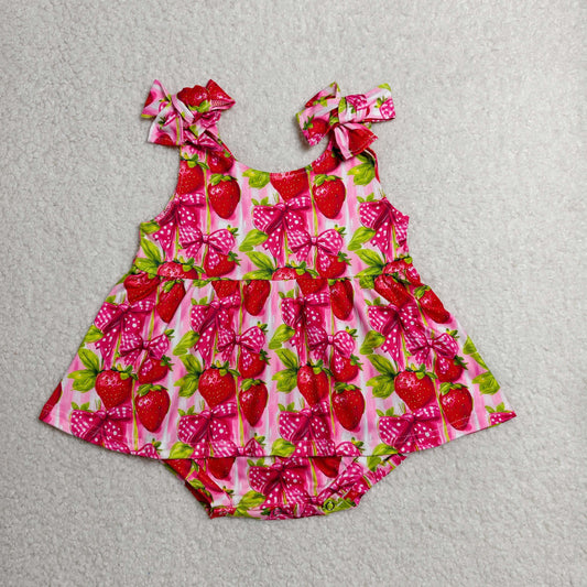 SR4134 Strawberry Bows Print Baby Girls Summer Strap Skirts Romper