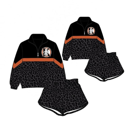 (Custom Design Preorder MOQ 5) Teams Kansas Jayhawk Long Sleeve Zipper Top Black Leopard Shorts Mommy and Me Outfits