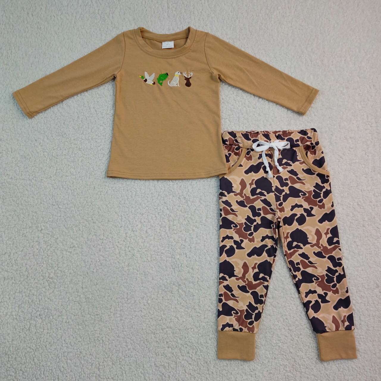 BLP1493 Dog Hunting Embroidery Brown Top Camo Pockets Pants Boys Fall Clothes Set