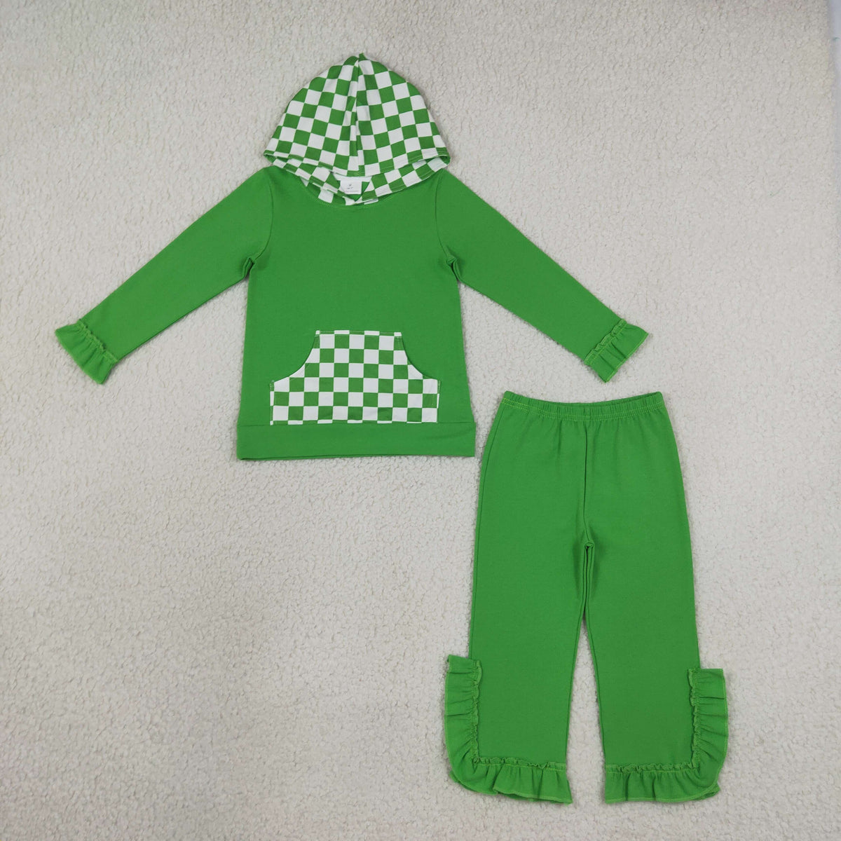 GLP3714 Girls Green Checked Pocket Long Sleeve Hoodie Top