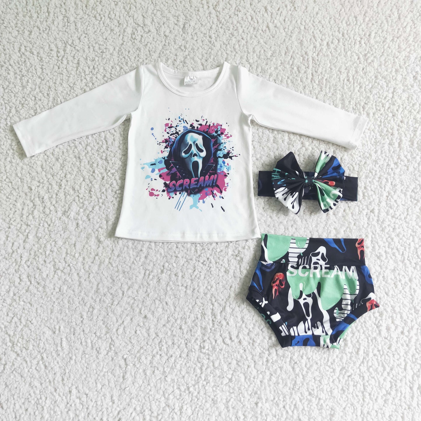 LR0031 SCREAM White Top Shorts Baby Girls Halloween Bummie Set