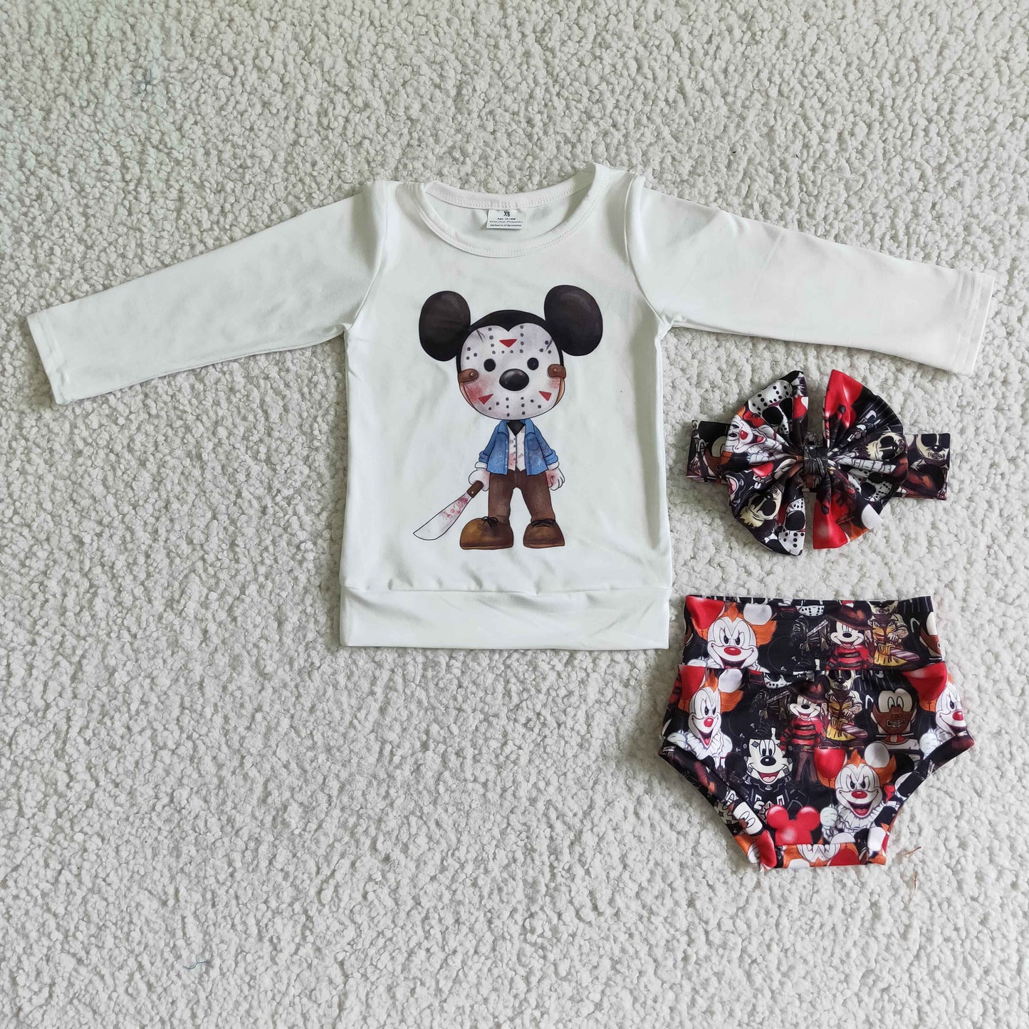 LR0032 Cartoon Mouse White Top Shorts Baby Girls Halloween Bummie Set