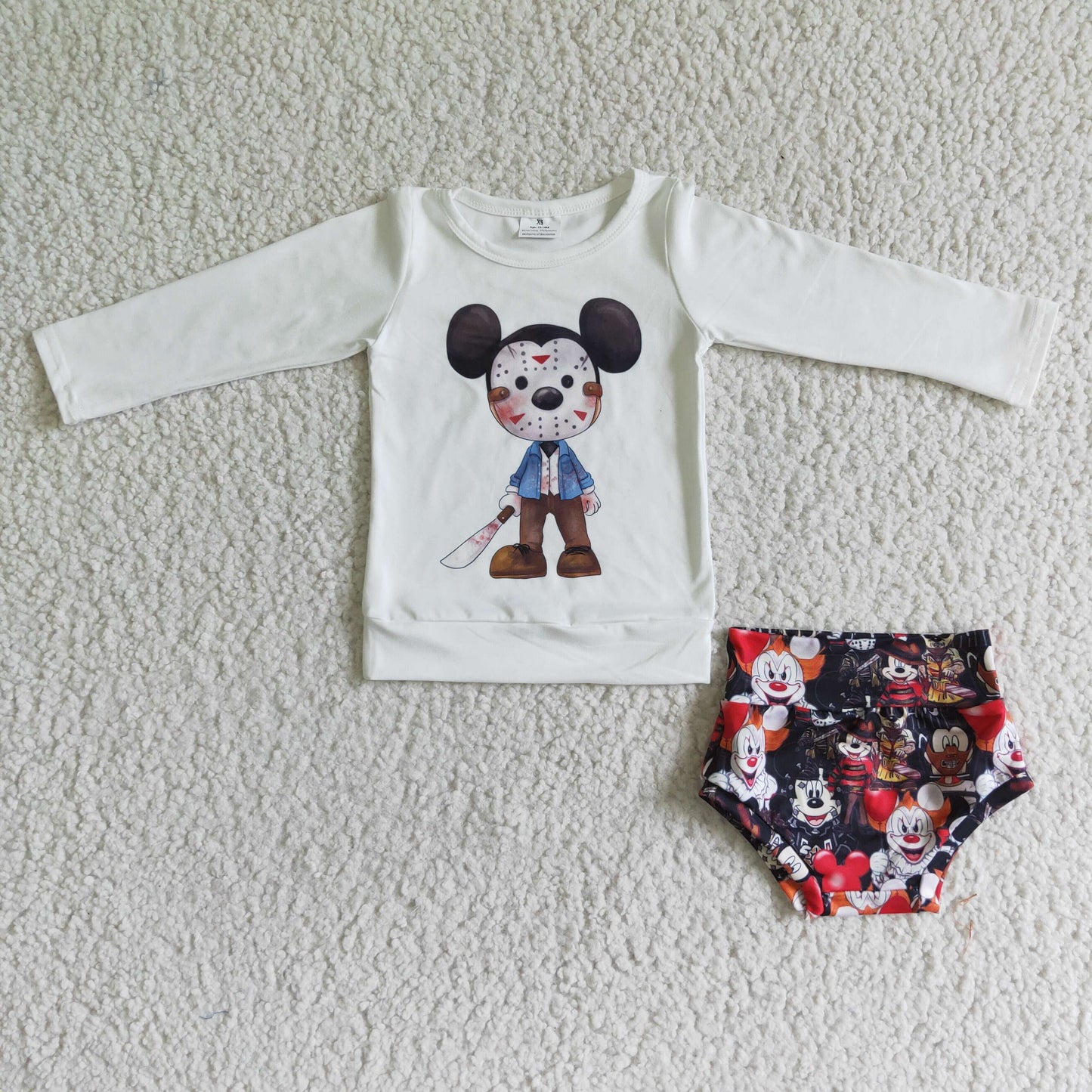 LR0032 Cartoon Mouse White Top Shorts Baby Girls Halloween Bummie Set