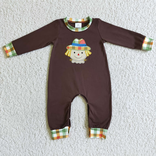 LR0034 Scarecrow Embroidery Brown Baby Boys Fall Romper