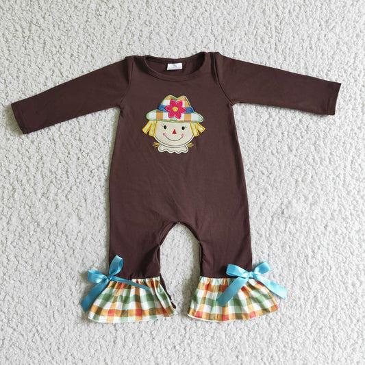 LR0035 Scarecrow Embroidery Brown Baby Girls Fall Romper