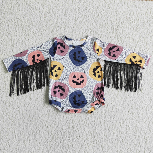 LR0048 Pumpkin Leopard Baby Girls Halloween Tassel Romper