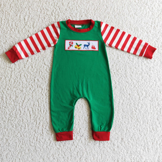 LR0110 Candy Deer Embroidery Stripes Print Baby Boys Christmas Romper