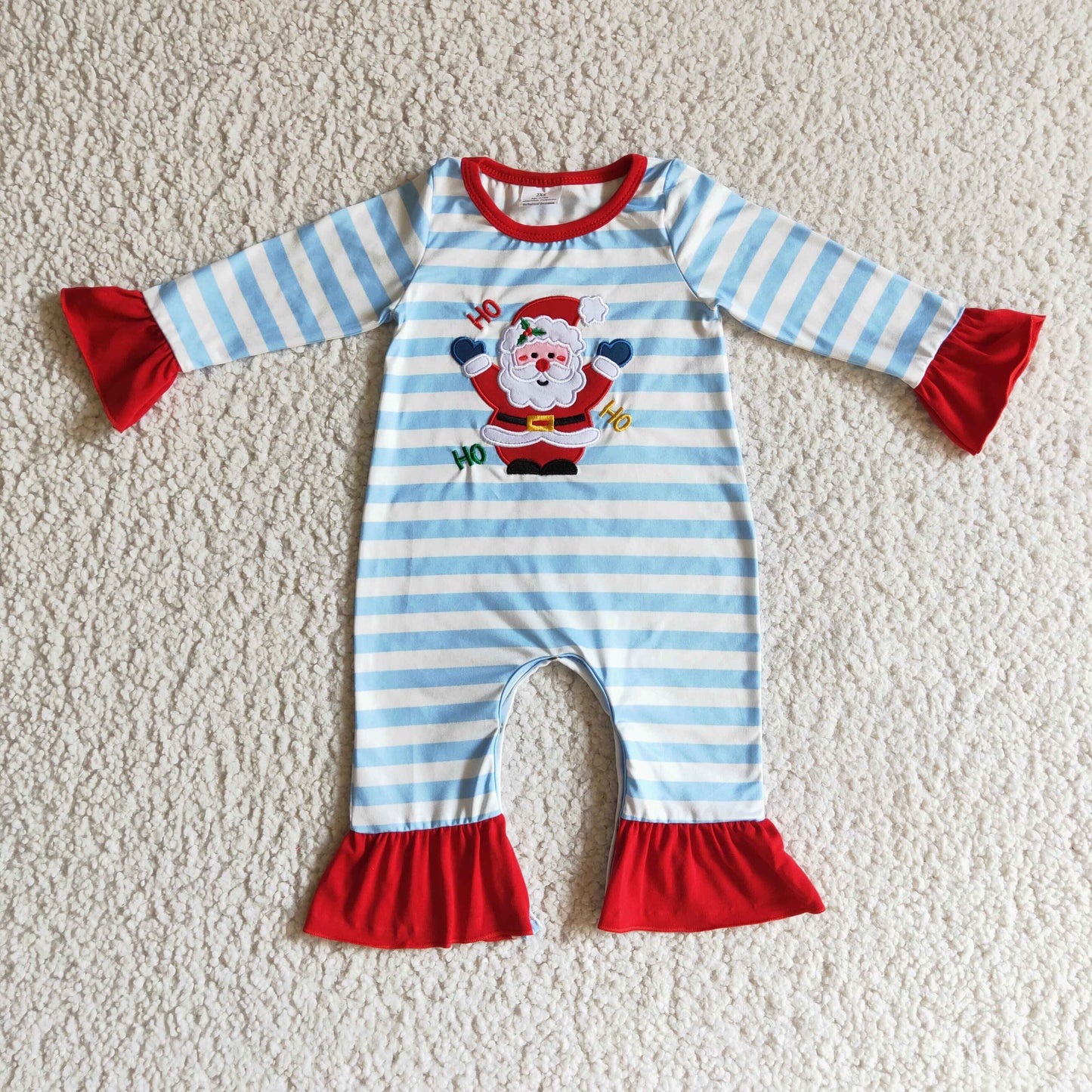 LR0120 Santa Embroidery Blue Stripes Baby Girls Christmas Ruffle Romper