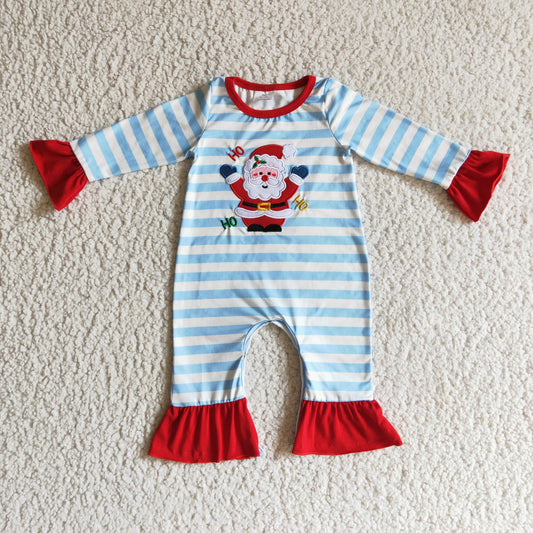 LR0120 Santa Embroidery Blue Stripes Baby Girls Christmas Ruffle Romper