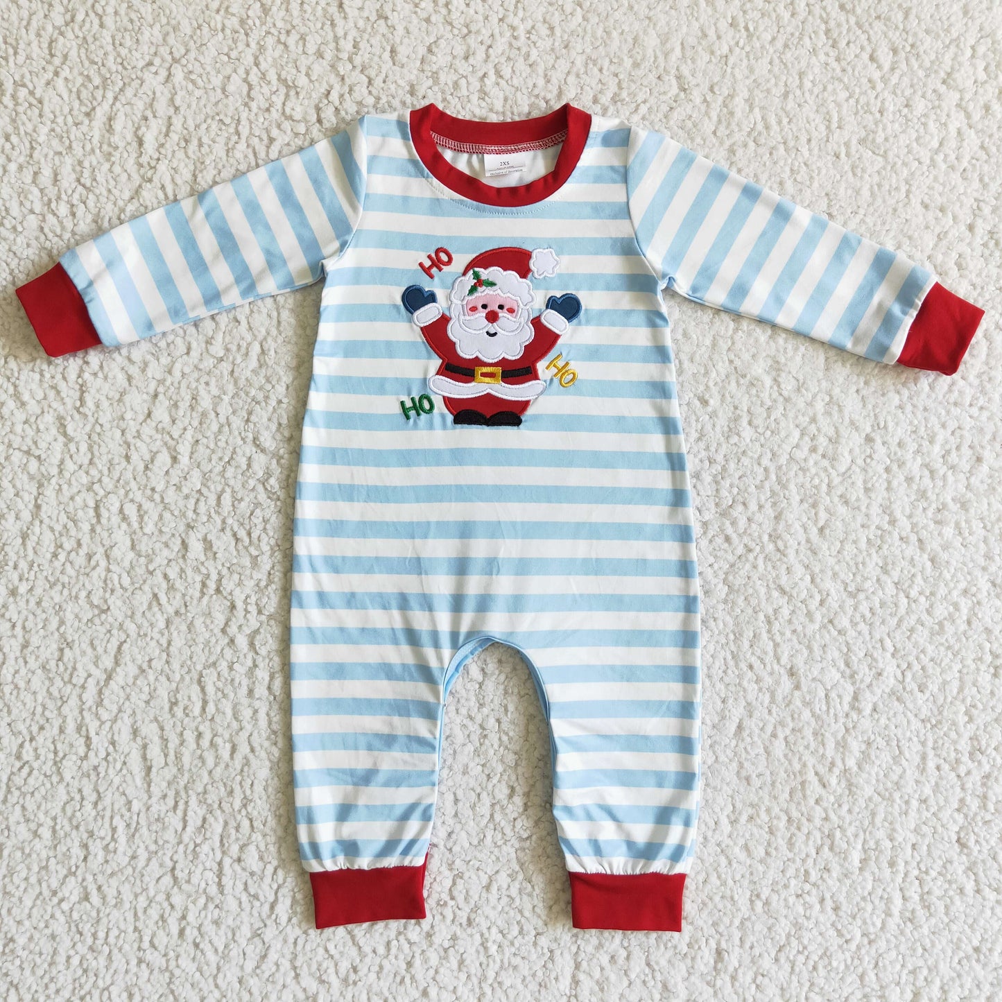LR0121 Santa Embroidery Blue Stripes Baby Boys Christmas Ruffle Romper