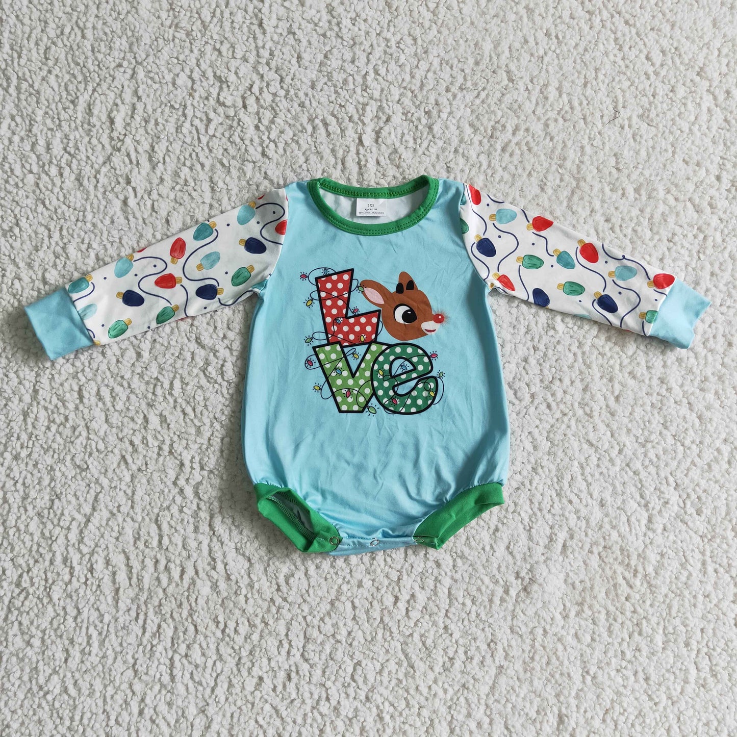 LR0156 love Deer Blue Print Baby Girls Christmas Romper