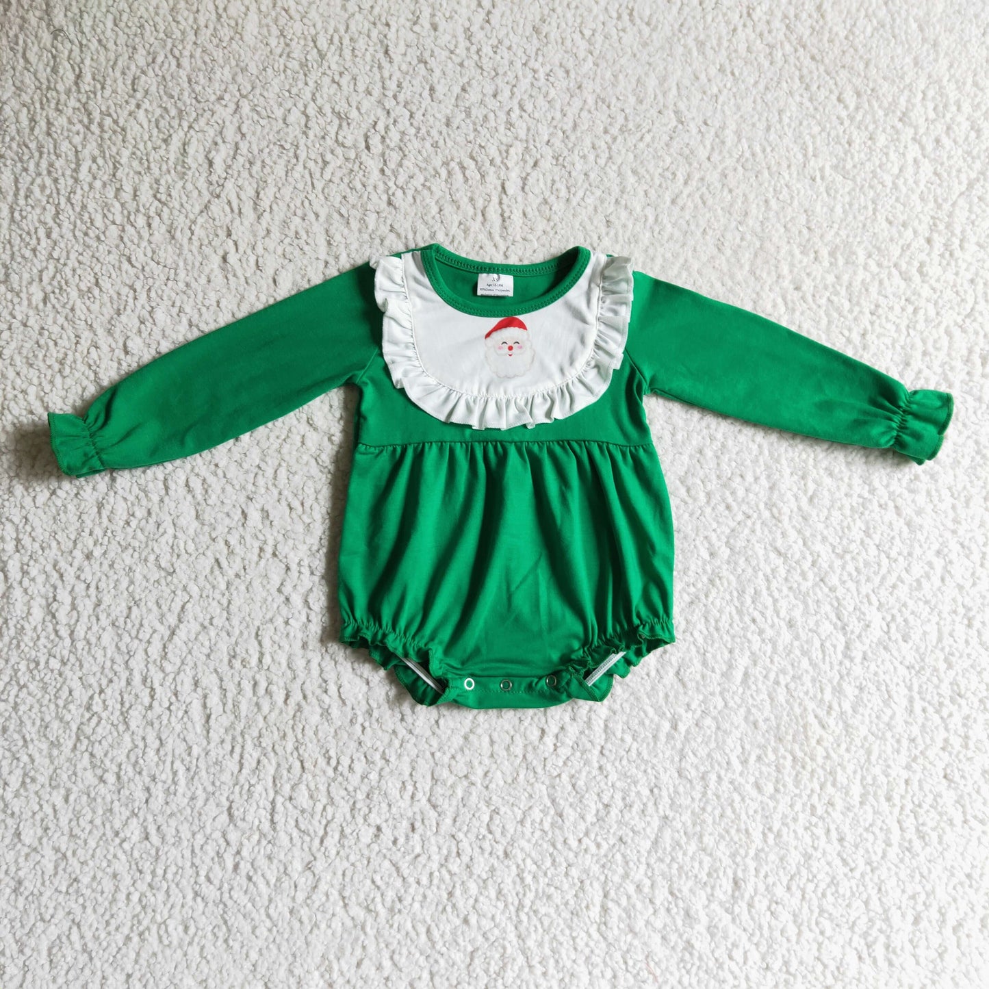 LR0173 Santa Print Green Color Baby Girls Christmas Ruffle Romper