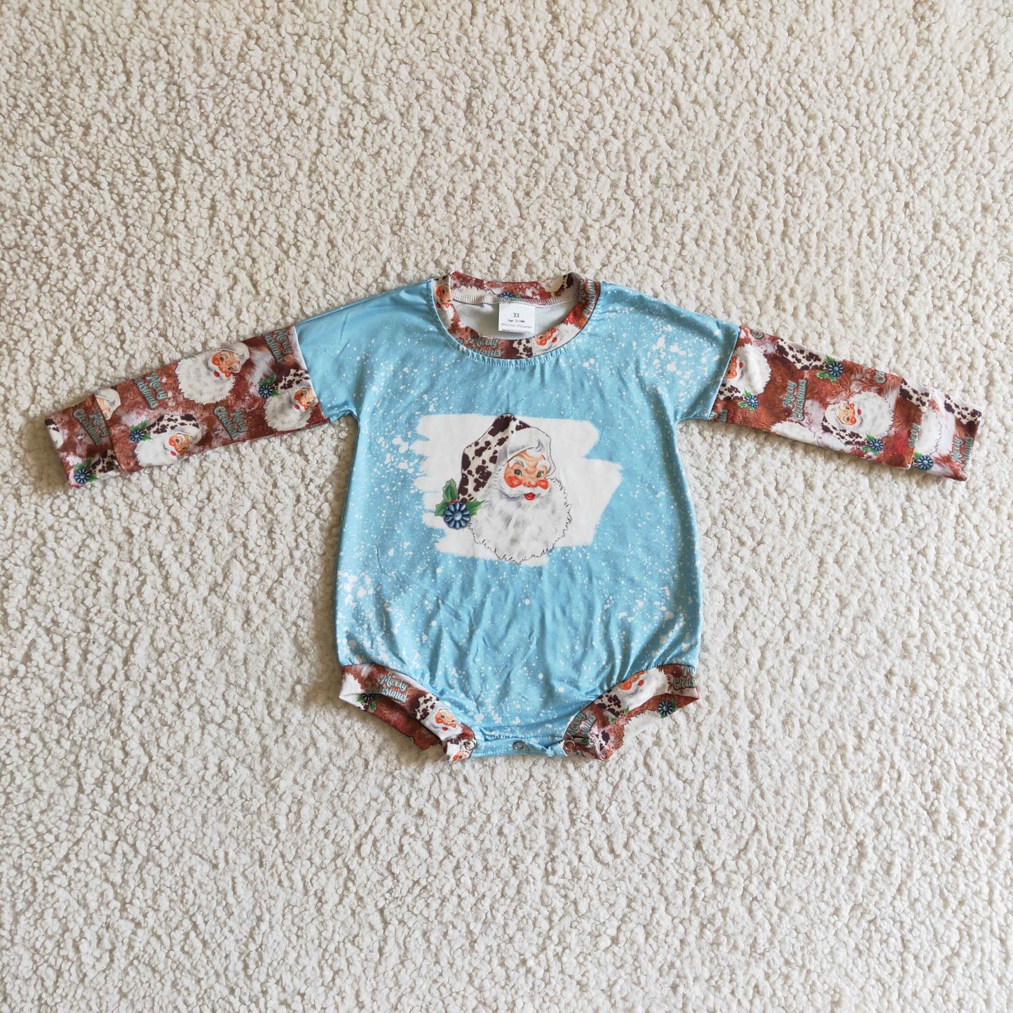 LR0175 Santa Holly Turquoise Print Baby Girls Christmas Romper