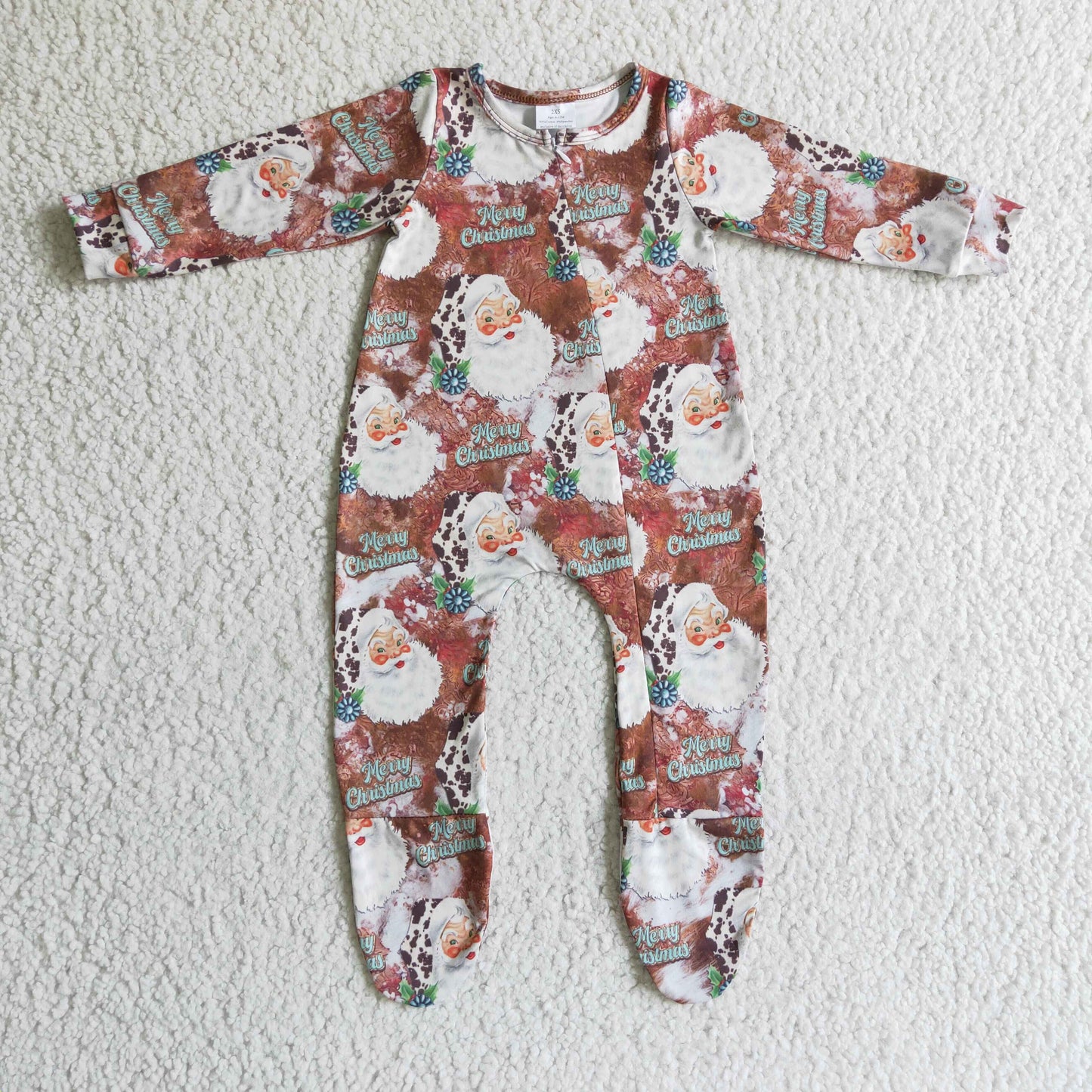 LR0176 Santa Holly Turquoise Print Baby Girls Christmas Footie Romper