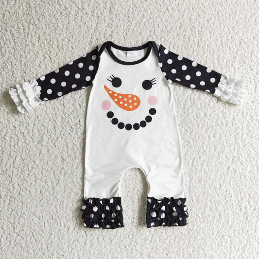 LR0192 Snowman Dots Print Baby Girls Christmas Ruffle Romper