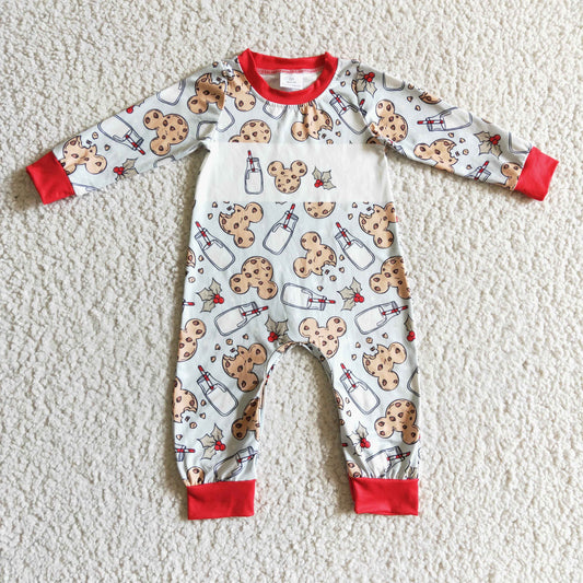 LR0201 Cartoon Mouse Cookies Milk Holly Print Baby Boys Christmas Romper