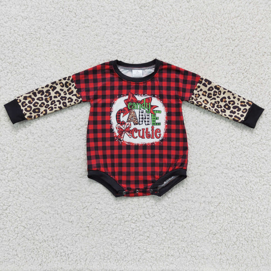 LR0214 Cadndy Cane Cutie Red Checkered Print Baby Girls Christmas Romper